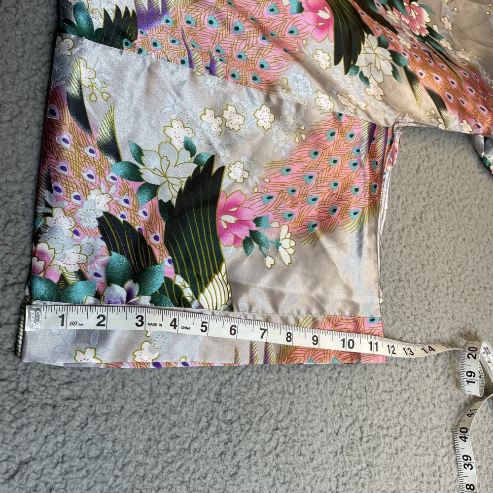 Womens Kimono Wrap Tie Robe One Size Silky Silver Gray Peacock Blossoms Lounge - Picture 7 of 9